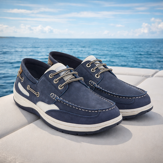 Pair of navy blue quayside boat shoes with white soles on a boat deck with ocean view