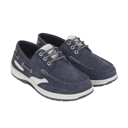 Pair of navy blue quayside boat shoes with white soles on a transparent background