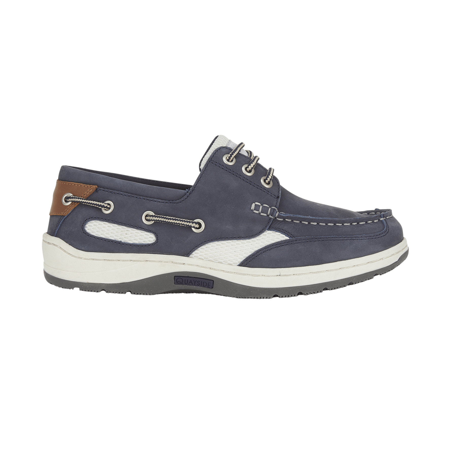 Navy blue boat shoe with white sole on a black background