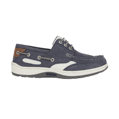 Navy blue boat shoe with white sole on a black background