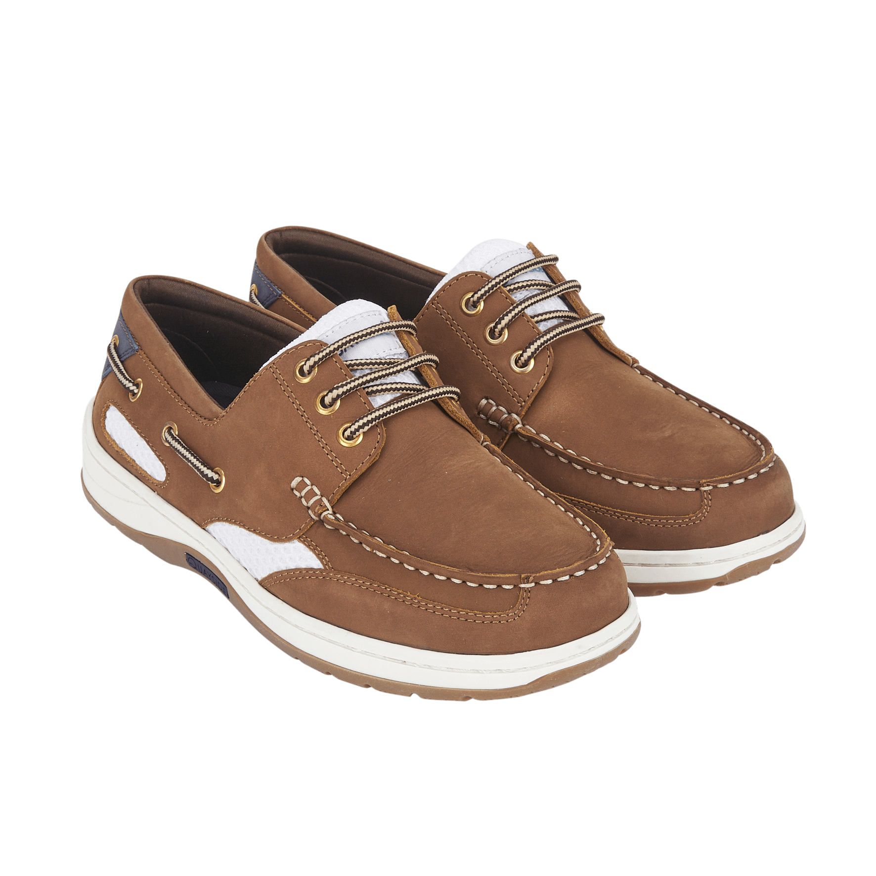 Pair of brown boat shoes with white soles on a transparent background