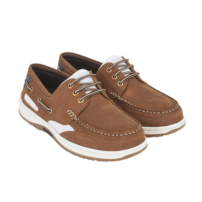 Pair of brown boat shoes with white soles on a transparent background