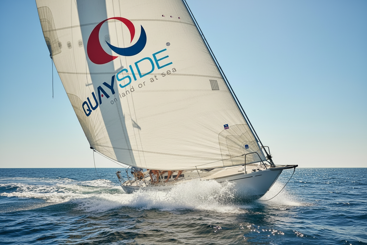 Racing yacht hero shot with sailors midship and Quayside spinnaker