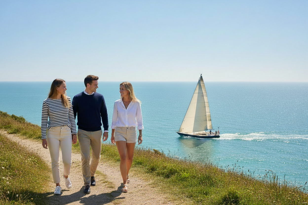 Three coastal models with off-white spinnaker